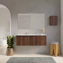 Mobile bagno sospeso 120 cm noce maya effetto cannettato con anta e lavabo sx con specchio - Lameck