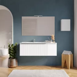 Mobile bagno sospeso 120 cm bianco opaco effetto cannettato con anta e lavabo sx con specchio - Lameck