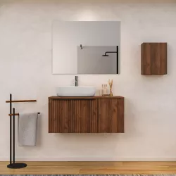 Mobile bagno sospeso 100 cm con cassetto e anta e top noce maya effetto cannettato con specchio - Lameck