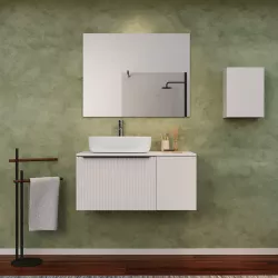 Mobile bagno sospeso 100 cm bianco opaco effetto cannettato con anta e top con specchio Lameck