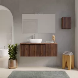 Mobile bagno sospeso 120 cm noce maya effetto cannettato con anta e top con specchio - Lameck