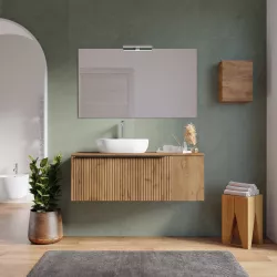 Mobile bagno sospeso 120 cm rovere africa effetto cannettato con anta e top con specchio - Lameck