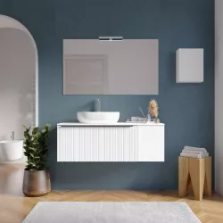 Mobile bagno sospeso 120 cm bianco opaco effetto cannettato con anta e top con specchio - Lameck