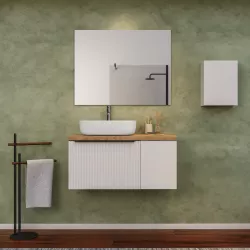 Mobile bagno sospeso 90 cm bianco opaco effetto cannettato con anta e top rovere gold con specchio - Lameck