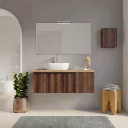 Mobile bagno sospeso 120 cm noce maya effetto cannettato con anta e top rovere gold con specchio - Lameck