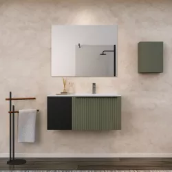 Mobile bagno sospeso 100 cm con cassetto verde selva effetto cannettato e anta nero opaco con lavabo in ceramica dx - Lameck