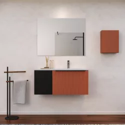 Mobile bagno sospeso 100 cm terrarossa effetto cannettato con anta nero opaco e lavabo in ceramica dx - Lameck