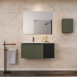 Mobile bagno sospeso 100 cm con cassetto verde selva effetto cannettato e anta nero opaco con lavabo in ceramica sx - Lameck