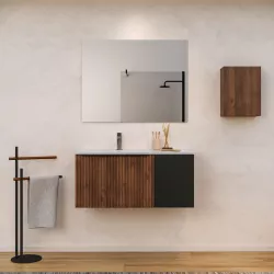 Mobile bagno sospeso 100 cm noce maya effetto cannettato con anta nero opaco e lavabo in ceramica sx - Lameck