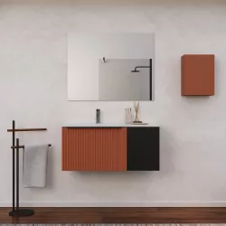 Mobile bagno sospeso 100 cm terrarossa effetto cannettato con anta nero opaco e lavabo in ceramica sx - Lameck