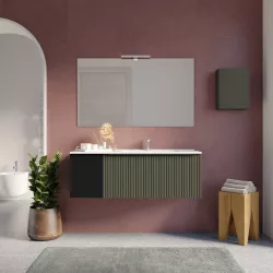 Mobile bagno sospeso 120 cm verde selva effetto cannettato con anta nero opaco e lavabo dx con specchio - Lameck