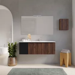 Mobile bagno sospeso 120 cm noce maya effetto cannettato con anta nero opaco e lavabo dx con specchio - Lameck