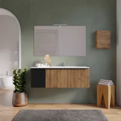 Mobile bagno sospeso 120 cm rovere africa effetto cannettato con anta nero opaco e lavabo dx con specchio - Lameck