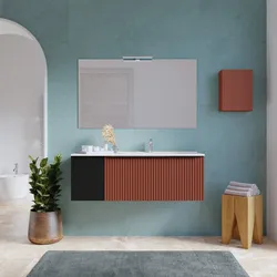 Mobile bagno sospeso 120 cm terrarossa effetto cannettato con anta nero opaco e lavabo dx con specchio - Lameck