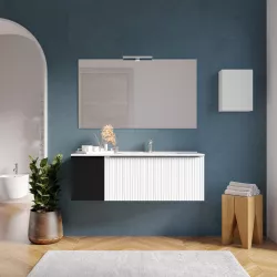 Mobile bagno sospeso 120 cm bianco opaco effetto cannettato con anta nero opaco e lavabo dx con specchio - Lameck