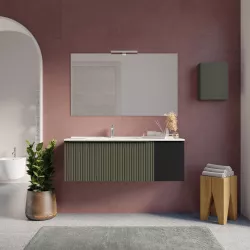 Mobile bagno sospeso 120 cm verde selva effetto cannettato con anta nero opaco e lavabo sx con specchio - Lameck