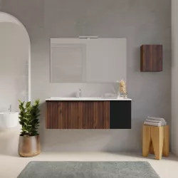 Mobile bagno sospeso 120 cm noce maya effetto cannettato con anta nero opaco e lavabo sx con specchio - Lameck