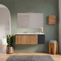 Mobile bagno sospeso 120 cm rovere africa effetto cannettato con anta nero opaco e lavabo sx con specchio - Lameck