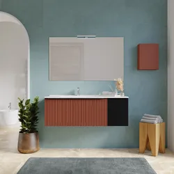 Mobile bagno sospeso 120 cm terrarossa effetto cannettato con anta nero opaco e lavabo sx con specchio - Lameck