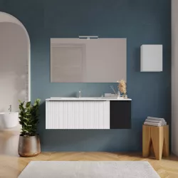 Mobile bagno sospeso 120 cm bianco opaco effetto cannettato con anta nero opaco e lavabo sx con specchio - Lameck