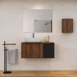 Mobile bagno sospeso 100 cm noce maya effetto cannettato con anta nero opaco e top con specchio - Lameck