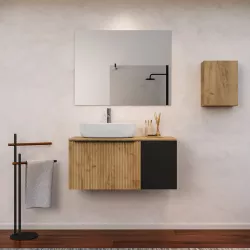 Mobile bagno sospeso 100 cm rovere africa effetto cannettato con anta nero opaco e top con specchio - Lameck