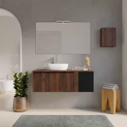 Mobile bagno sospeso 120 cm noce maya effetto cannettato con anta nero opaco e top con specchio - Lameck