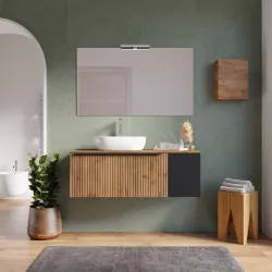 Mobile bagno sospeso 120 cm rovere africa effetto cannettato con anta nero opaco e top con specchio - Lameck