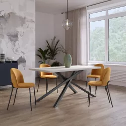 Tavolo da pranzo 150x70 cm top effetto rovere bianco 38 mm e gambe incrociate in metallo nero – Arkeo