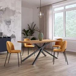 Tavolo da pranzo 150x70 cm top effetto rovere gold 38 mm e gambe incrociate in metallo nero – Arkeo