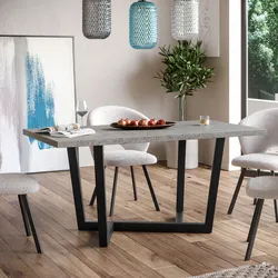Tavolo da pranzo 150x70 cm top grigio effetto pietra 38 mm e gambe in metallo nero - Sedric