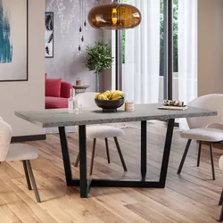Tavolo da pranzo 200x100 cm top grigio effetto pietra 38 mm e gambe in metallo nero - Sedric