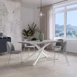 Tavolo da pranzo 160x80 cm top grigio effetto pietra 38 mm e gambe incrociate in metallo bianco – Arkeo