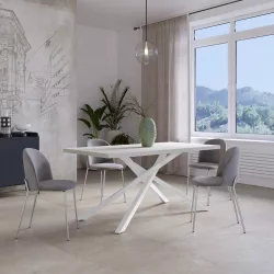 Tavolo da pranzo 160x80 cm top effetto rovere bianco 38 mm e gambe incrociate in metallo bianco – Arkeo