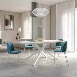 Tavolo da pranzo 180x90 cm top effetto rovere bianco 38 mm e gambe incrociate in metallo bianco – Arkeo