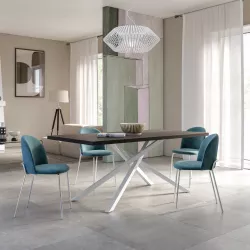 Tavolo da pranzo 200x100 cm top effetto rovere grigio 38 mm e gambe incrociate in metallo bianco – Arkeo