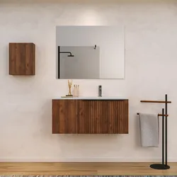 Mobile bagno sospeso 90 cm noce maya effetto cannettato con anta e lavabo in ceramica dx - Lameck