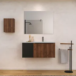 Mobile bagno sospeso 90 cm noce maya effetto cannettato con anta nero opaco e lavabo in ceramica dx - Lameck
