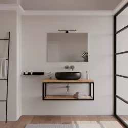 Mobile bagno sospeso portalavabo 100 cm nero e rovere con top 3,8 cm e specchio - Axis