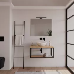 Mobile bagno sospeso portalavabo 80 cm nero e rovere con top 3,8 cm e specchio - Axis