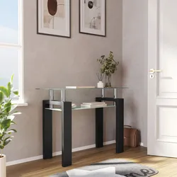Consolle 110x80h cm con top e ripiano in vetro e gambe effetto legno nero - Savannah