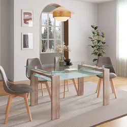 Tavolo da pranzo 150x90 cm con top in vetro e gambe effetto rovere chiaro - Savannah