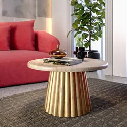 Tavolino rotondo 60 cm con top in legno naturale e base in metallo oro cannettato ad onda - Weston