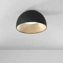 Plafoniera rotonda 35 cm in metallo nero con dettagli effetto legno