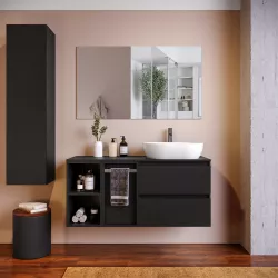 Mobile bagno sospeso 120 cm nero satinato con toletta e vano a giorno  con top e specchio - Anami