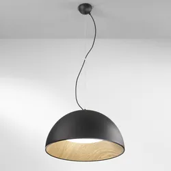 Lampada sospesa rotonda 50 cm in metallo nero con dettagli effetto legno