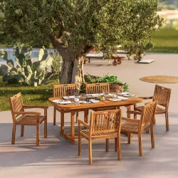 Set pranzo tavolo allungabile 180/240x100 cm e 6 sedie con braccioli in legno di acacia - Paja