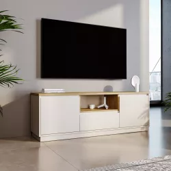 Mobile porta tv 161x55h cm cashmere e top rovere con 1 cassetto e 2 ante soft close - Emberly