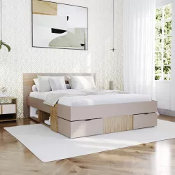 Letto matrimoniale 160x200 cm cashmere opaco e rovere con vani portaoggetti e 2 cassetti - Jacques