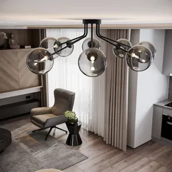 Lampadario da interno 88,4x80,8x28h cm in metallo nero opaco e diffusore in vetro fumè